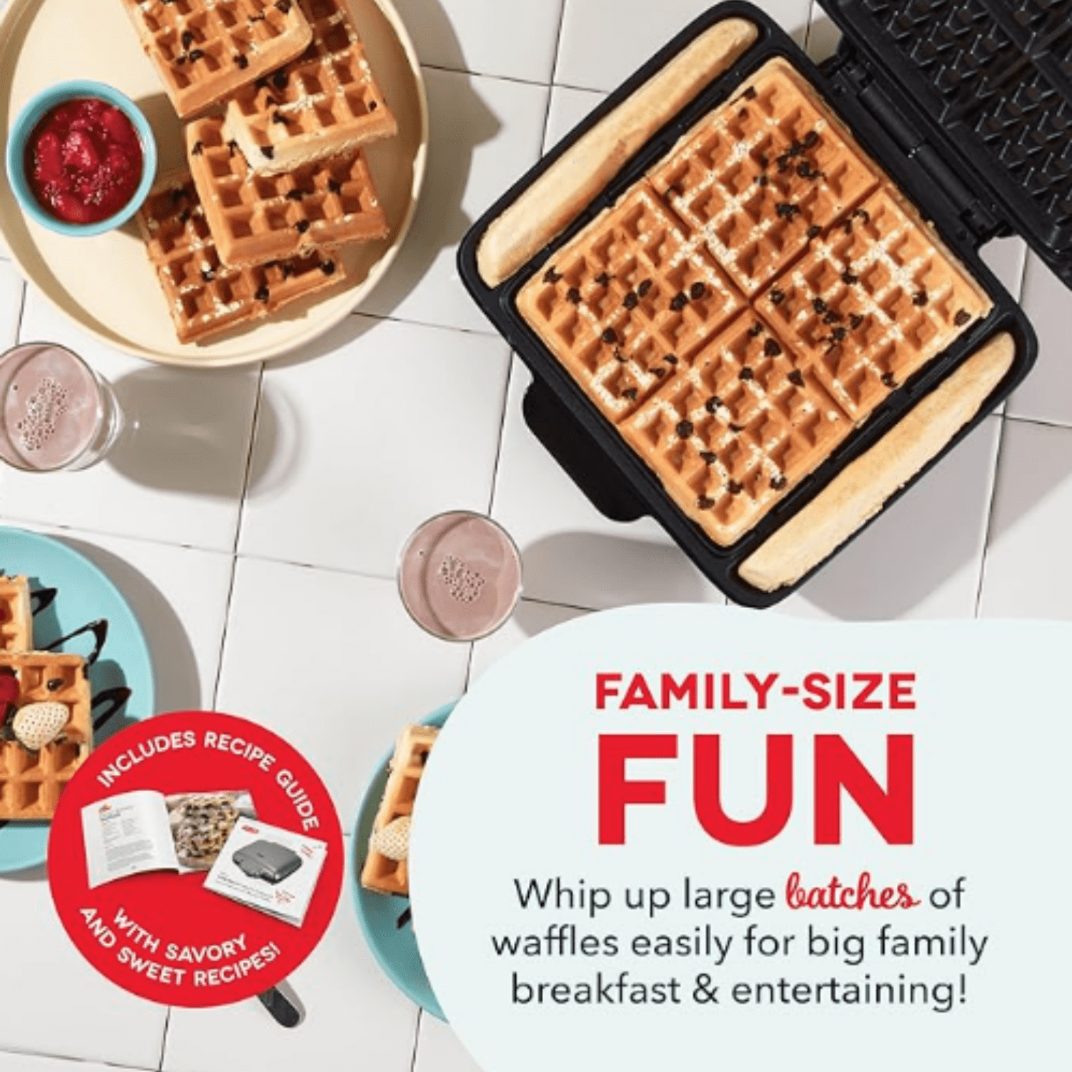 No-Drip Waffle Maker - Four Waffle Molds, Nonstick Waffle Iron with Quick Heat-Up, Nonstick Surface - Perfect Waffle Maker for Kids and Families, Just Add Batter