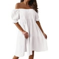 thumbnail image 3 of B91xZ Robe Printemps Été pour Femmes Grande Taille Col Montant Manches Courtes Taille Haute Robe Décontractée à Volants, Blanc L, 3 of 5