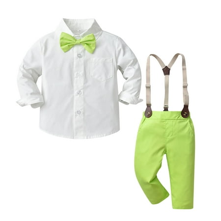 

DNDKILG Toddler Baby Children Boy Bow Tie Shirts and Suspender Pants Set Long Sleeve Clothing Set Outfits Fluorescent Green