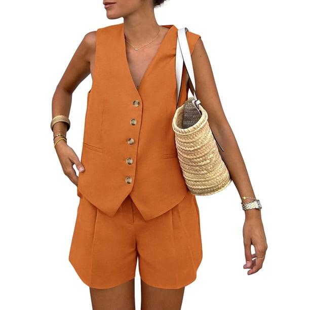 Conjunto de 2 Piezas PRETTYGARDEN Chaleco sin Mangas y Shorts Marrón Naranja Talla L