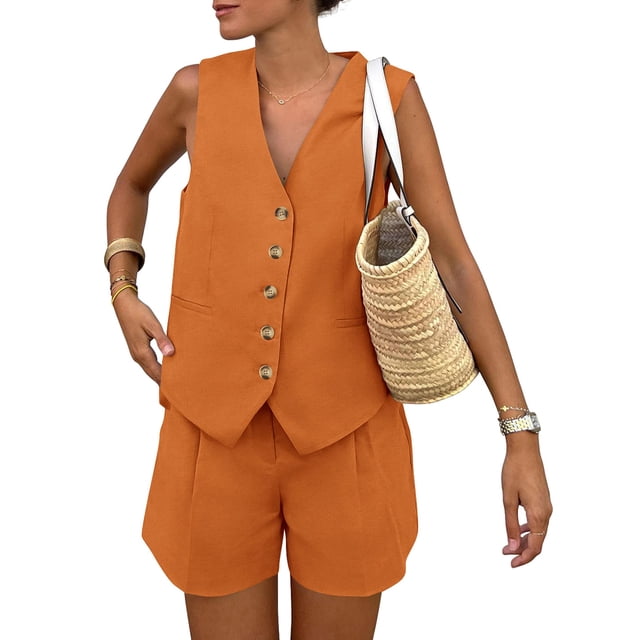 Conjunto de 2 Piezas PRETTYGARDEN Chaleco sin Mangas y Shorts Marrón Naranja Talla L