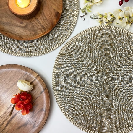 

Enliven Handmade beaded placemat beaded table mat gold and silver
