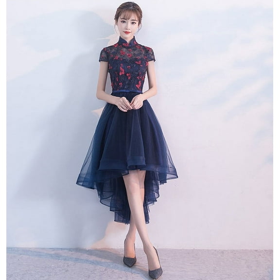 Vicky and Lucas ELEGANT CAP SLEEVE STAND-UP COLLAR LACE FLOWER HIGH-LOW DRESS - MODERN FASHION DRESS - (xs)