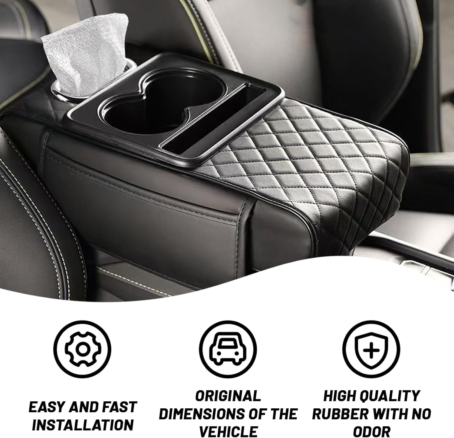 Car interior accessories armrest box with 2 Side Pockets, Cup Holder, Phone Holder, and Tissue Box, Memory Foam Center Console Organizer for Most Sedans and SUVs
