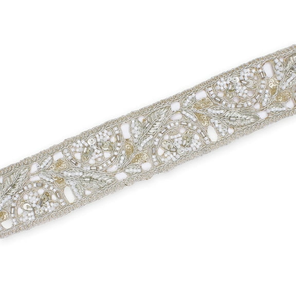 1.75 Inch Floral Beaded Sequined Metallic Corded Embroidery On Mesh Trim for Sewing, Costumes, Crafts, and Décor – Sold by the Yard (1 Yard, Silver)
