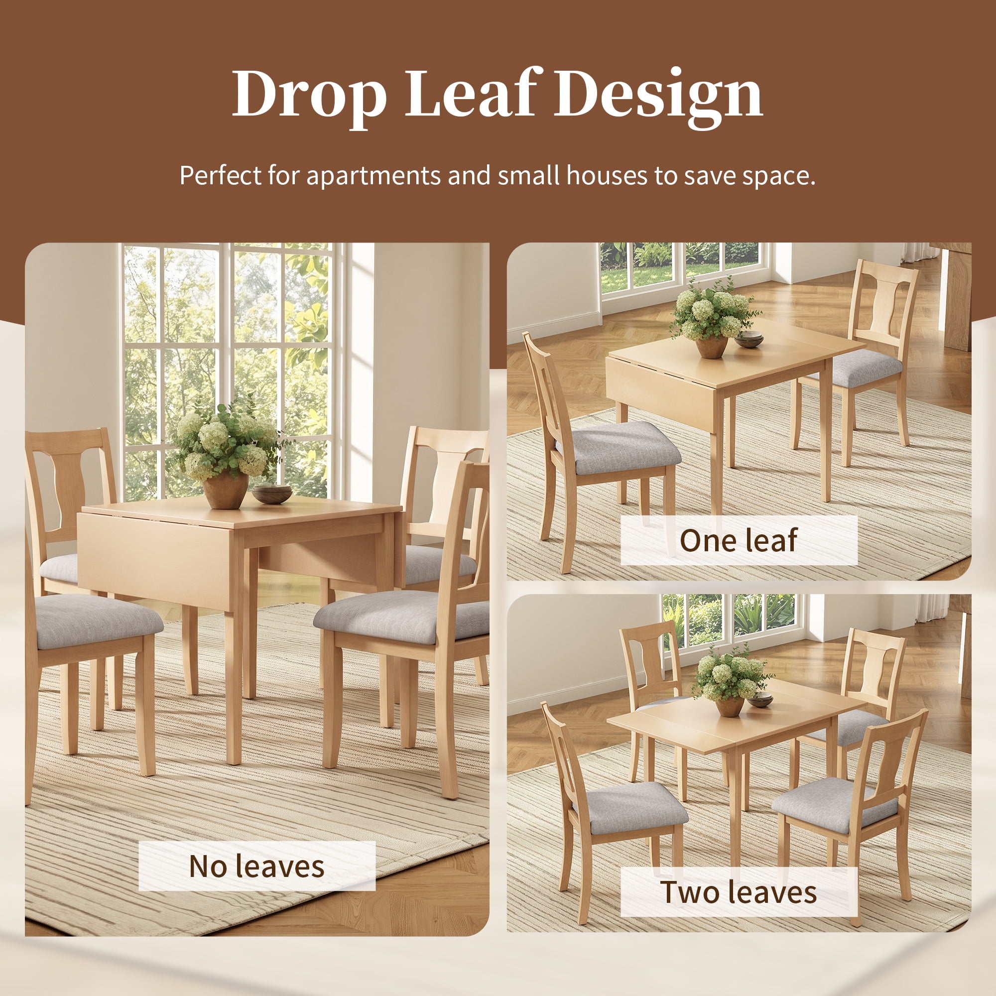 Euroco 3 Piece Wood Dining Table Set, Modern Breakfast Nook Kitchen Table Set with Drop Leaf and 2 Upholstered Chairs for Small Places,Natural