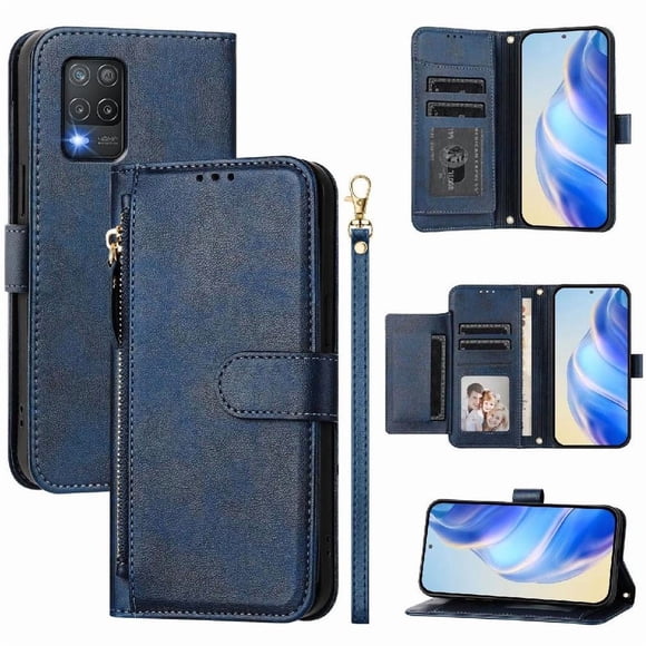 Filp Case for REALME Q3 5G Zipper Pocket Magnetic Flip Wallet Phone Case with 7 Card Slots and Wrist Strap