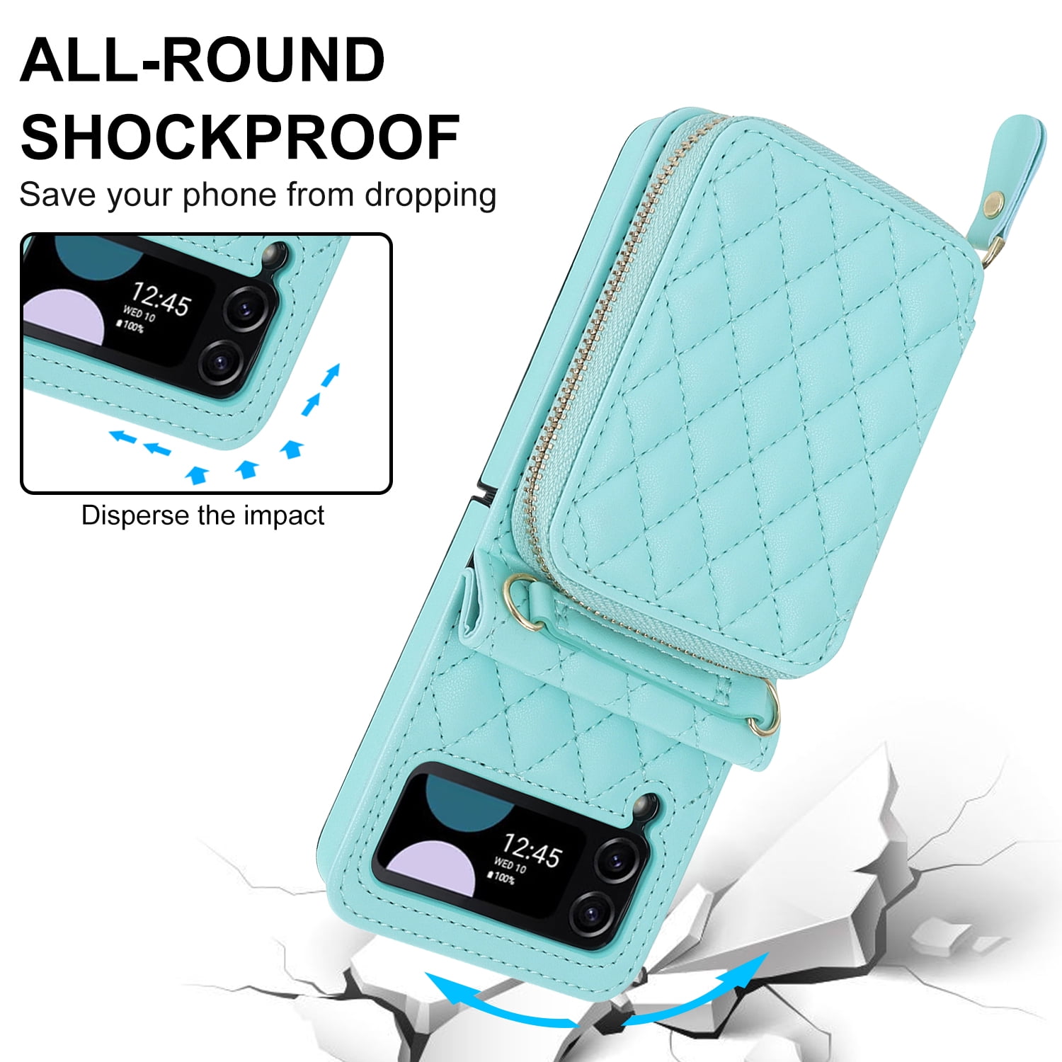 Dteck for Samsung Galaxy Z Flip 4 Case with Card Holder RFID Blocking, Crossbody Wallet Case for Z Flip4 with Adjustable Strap, Zipper Purse Leather Handbag Case Compatible with Galaxy Z Flip4,Mint