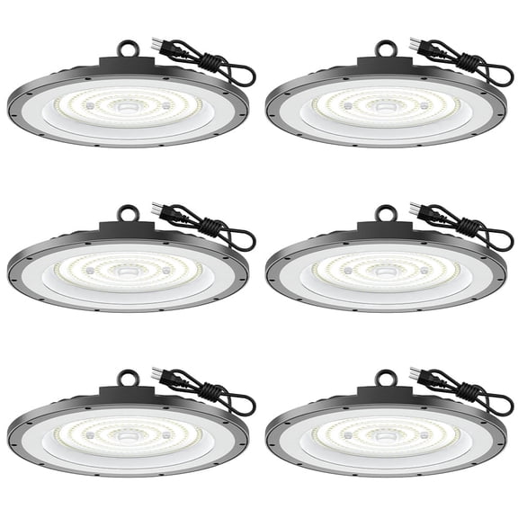 6 Pack 300W Ufo LED High Bay Light, 45000LM 6000K Daylight IP65 Waterproof Commercial Warehouse Garage Factory Barn Workshop Lighting with 5FT US Plug