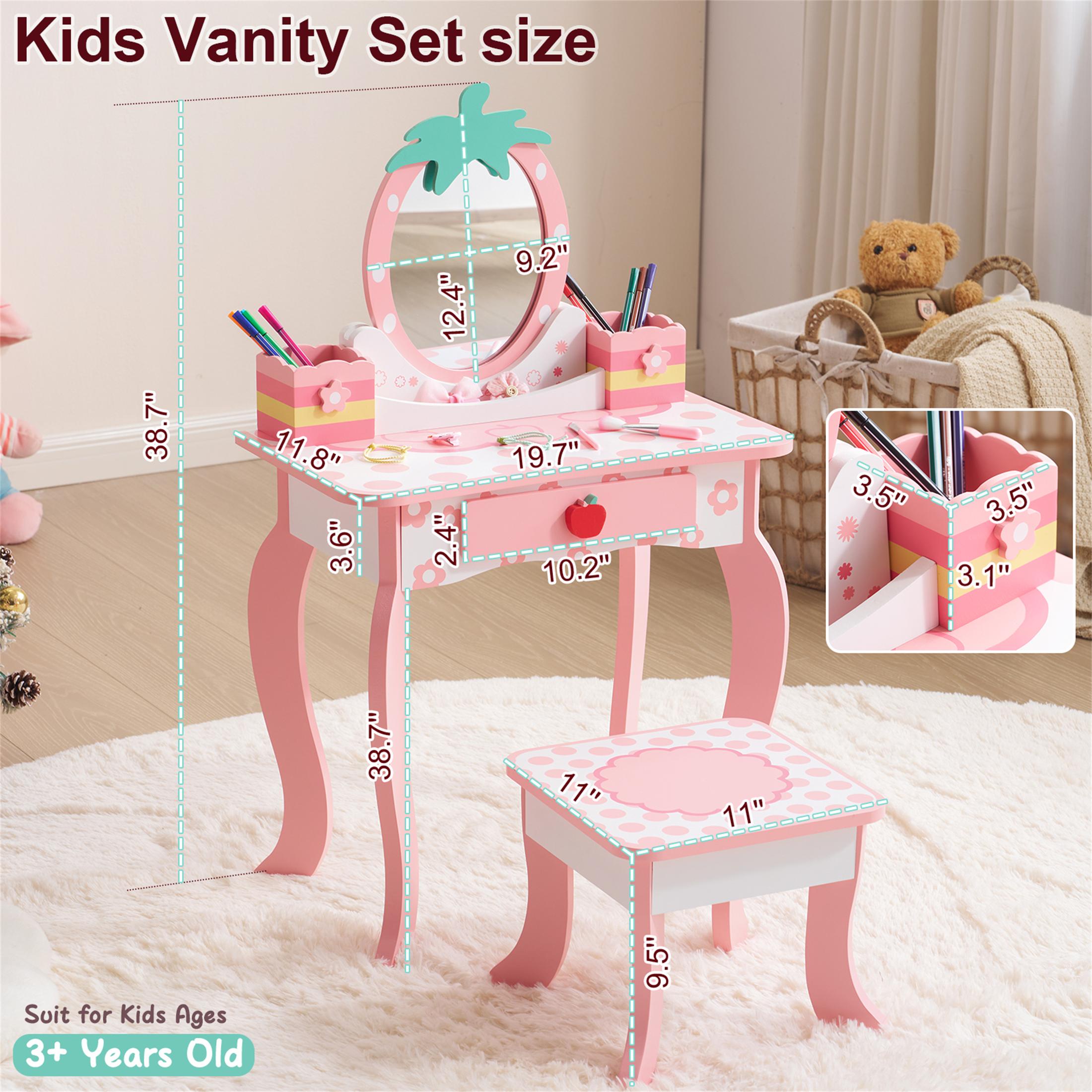 SESSLIFE Kids Vanity Set with Mirror and Drawers, Wooden Princess Makeup Desk Set, Toddler Dressing Table Set, Pretend Play Kids Vanity Table and Chair Set for Little Girls aged 3+, Pink