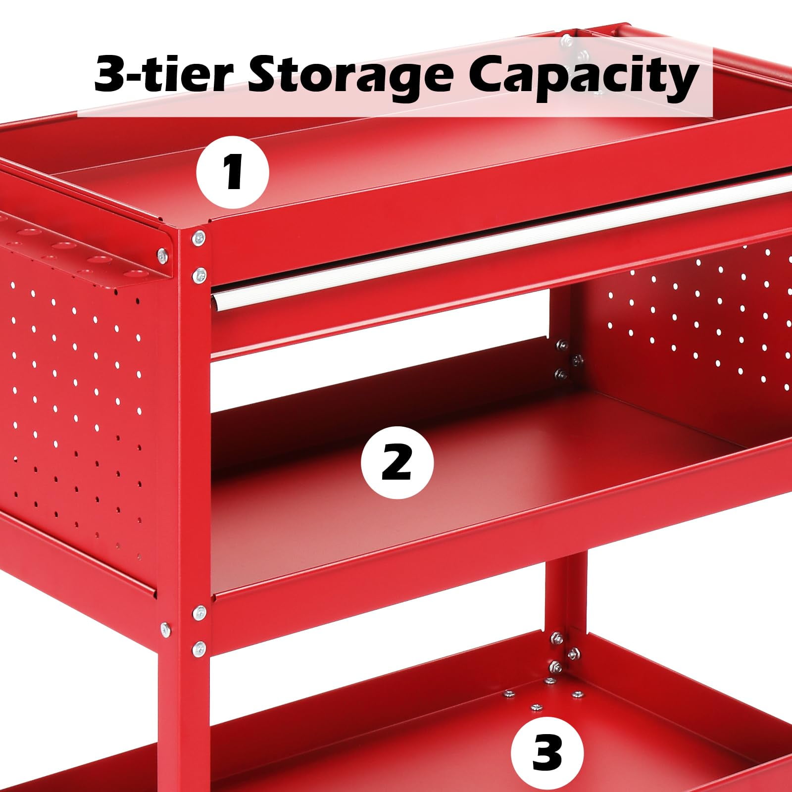 Yardmaster Heavy Duty Rolling Tool Cart, Industrial Utility Cart with Side Hooks, Pegboard, Shelf, 1 Drawer, 3-Tier Tool Box on Wheels, Red Powder-Coated Finish