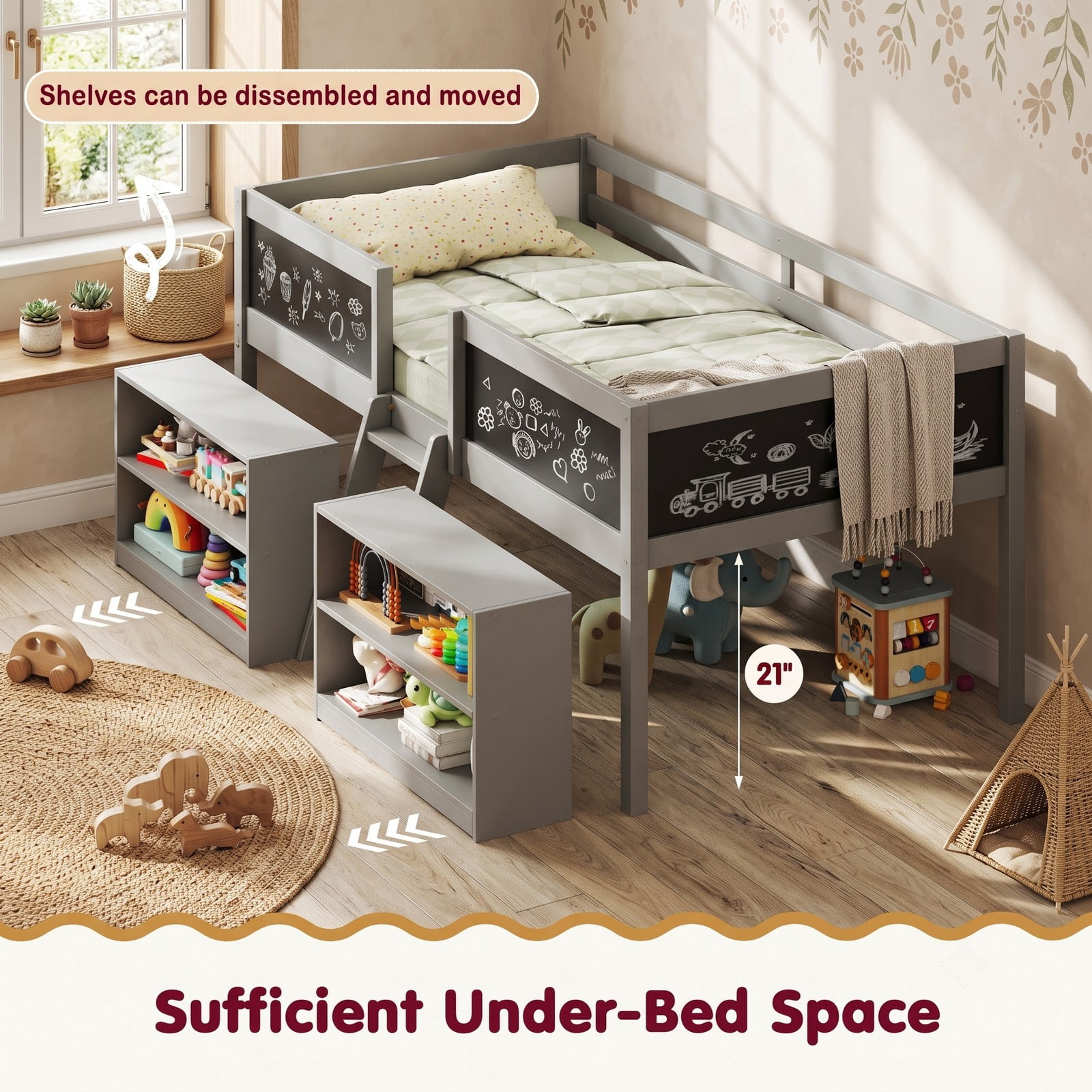 Furnibear Low Loft Bed with LED Lights and Bookcases for Kids Bedroom, Space-Saving Wood Cabin Bed with Storage Shelves and Chalkboard, Gray