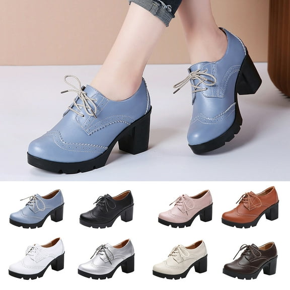 Fesfesfes Womens Platform Heels Oversized Cowhide Soled Synthetic Sports British Style Block Shoes High Heels Solid Color Hollowed Out Lace Cut Mary Womens Shoes 5.5(36)