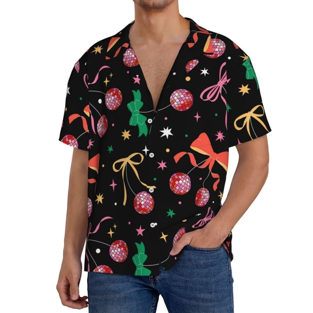 Balery Disco Mirror Ball Camisa Casual de Manga Corta con Botones para Hombre, Texturizada, Estilo Cubano, para Playa, Verano-Medium