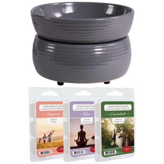 Modern Gray 2-in-1 Candle and Fragrance Warmer Gift Set with 3 Aromatherapy Wax Fragrance Melts