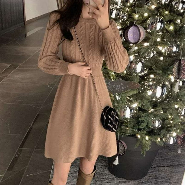 Vestido tipo suéter de cuello alto medio largo por encima de la rodilla para mujer, vestido interior de punto suelto y adelgazante para otoño e invierno