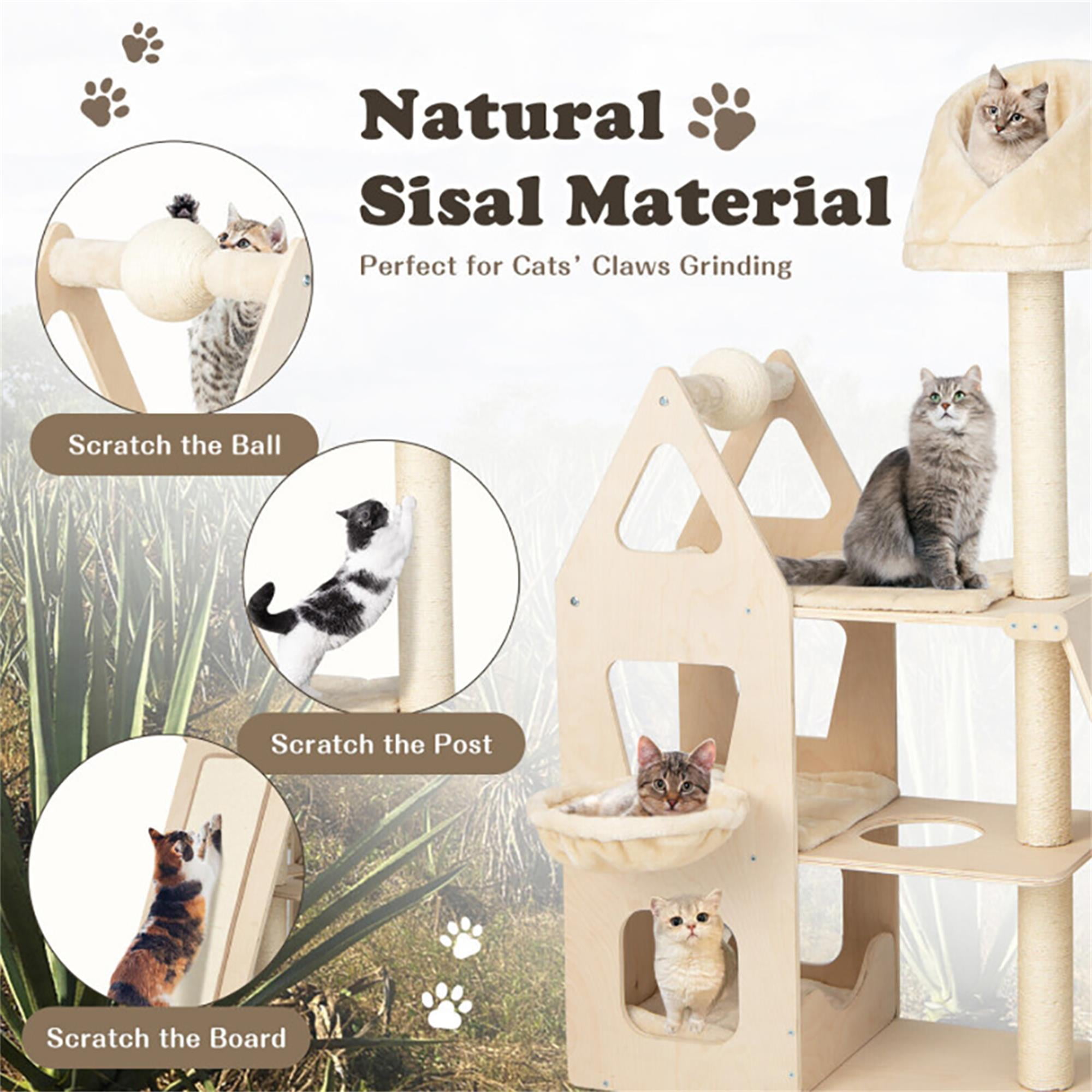 Kadyn 64" Wood Cat Tree Tower for Indoor Cats with Scratching Posts Washable Detachable Cushion, Modern Cat Condo Furniture for Large Cat, Beige