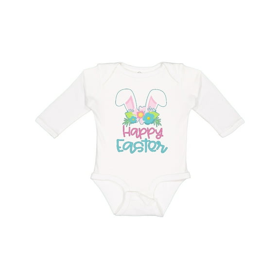 Inktastic Happy Easter with Bunny Ears and Flowers Boys or Girls Long Sleeve Baby Bodysuit