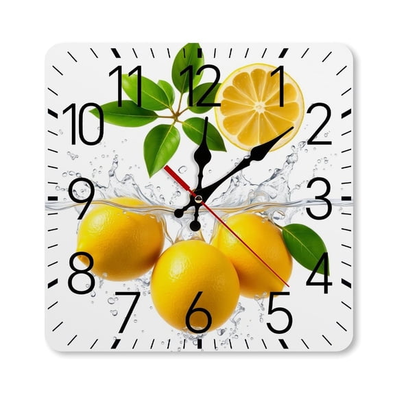 RKSupls 10×10inch Square Silent Wall Clock Wooden Frame, Lemon Splash Fresh Scale Decorative Clock for Home Bedroom Living Room Office