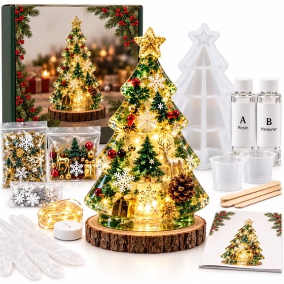 Beginner-Friendly Resin Christmas Tree Night Light DIY Kit, Complete Craft Set with Mold, Resin, Fairy Lights & Festive Decorations, 1 Kit