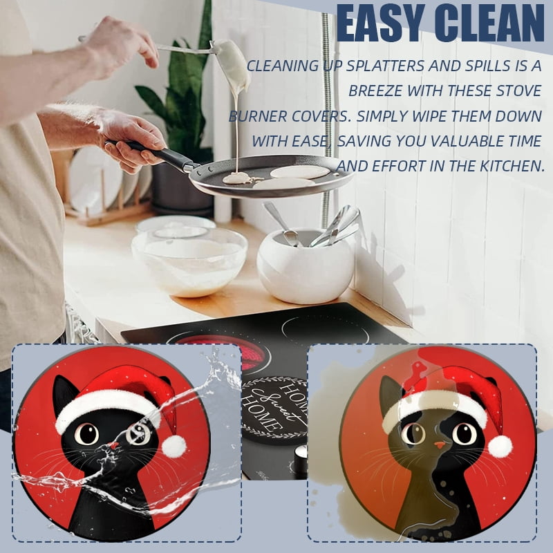 Christmas Metal Electric Stove Burner Cover, Red Christmas Black Winter Cat Warm Round Durable Easy to Clean Gas Stove Burner Covers Set of 4 for Kitchen Holiday Decor, 8 Inches and 10 Inches