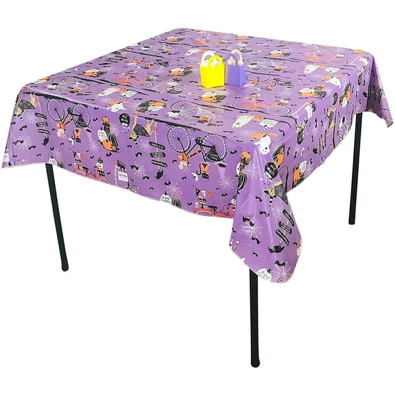 Serafina Home Cute Funny Pets Halloween Flannel Backed Vinyl Tablecloth: Spooky Bats Jacks Cats and Dogs 52" x 70"