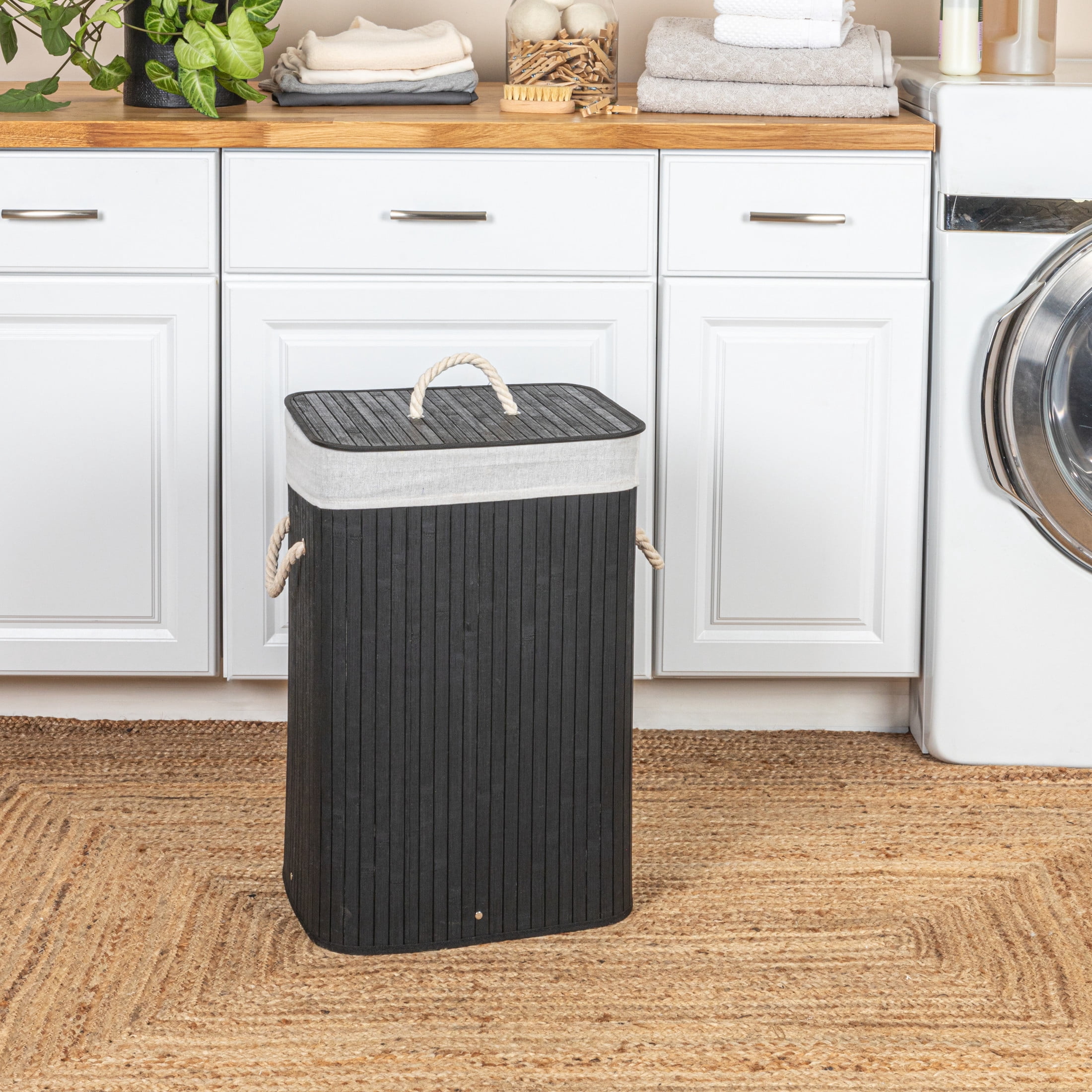 Household Essentials Bamboo Laundry Hamper with Rope Handles, Lid and Removable Machine Washable Laundry Bag, 19-Gallons, Black