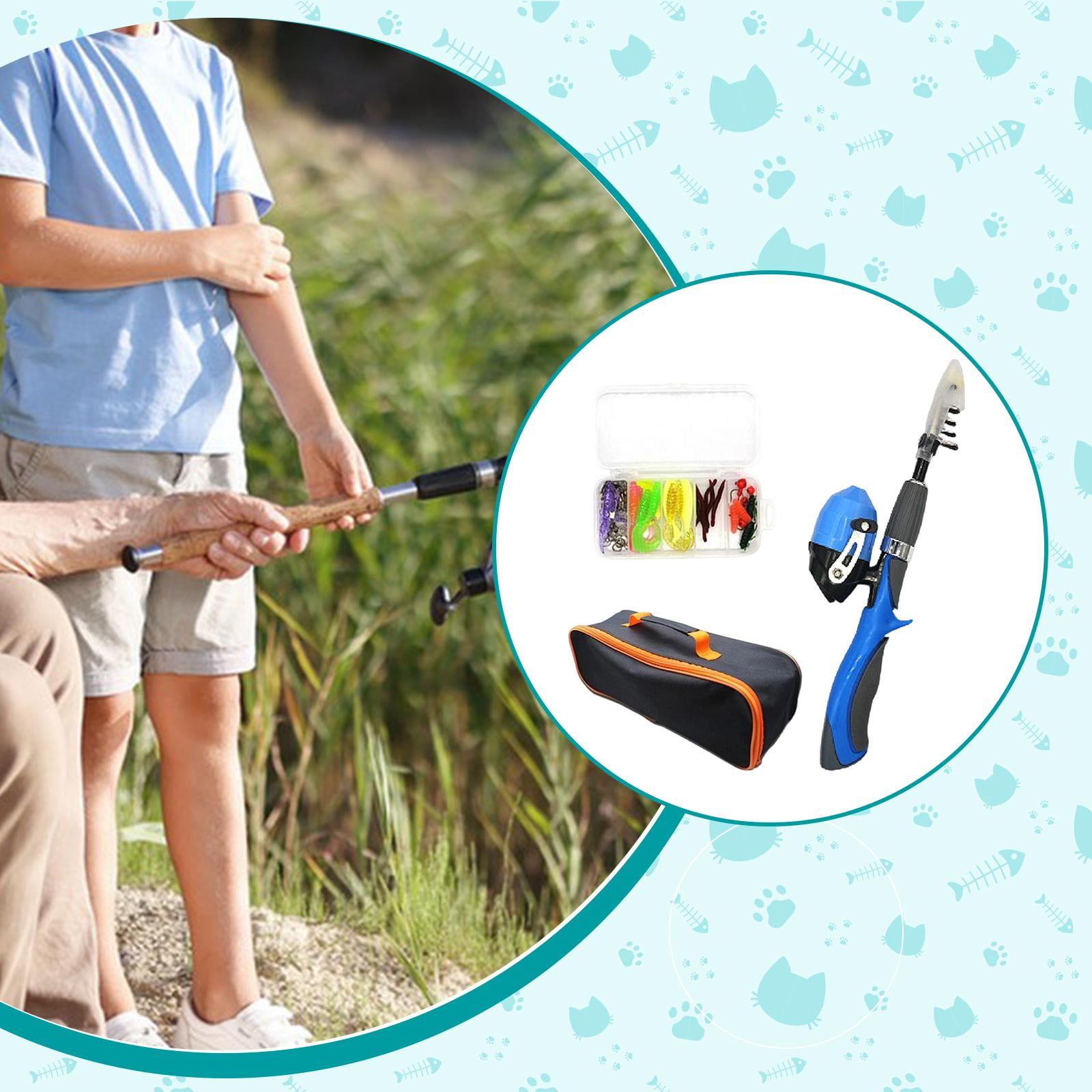 Wswqop Beginner Kids Fishing Rod and Reel Set Portable Telescopic Mini Fishing Pole Kit Blue