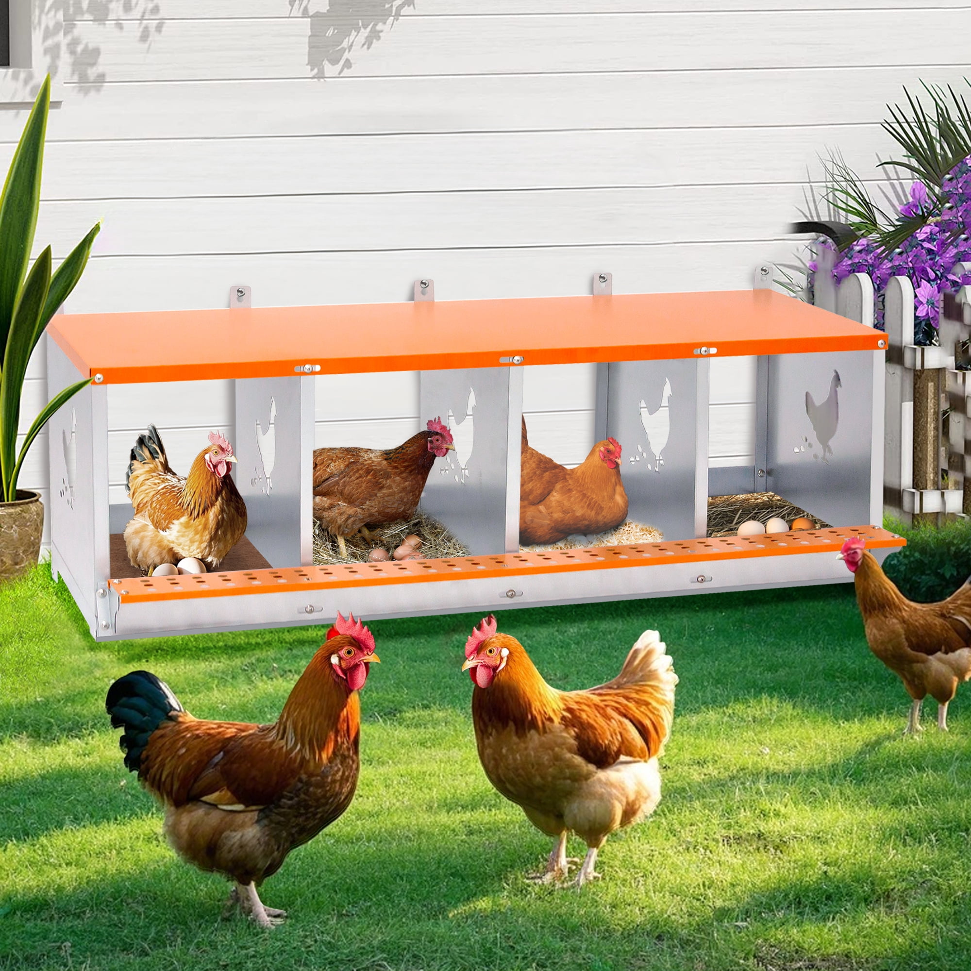 4-Bay Wall Mount Metal Nest Box for Hens Ducks, Orange Galvanized Steel Poultry Coop Equipment with Vented Design & Coconut Fiber Pad, Easy Egg Collection & Assembly