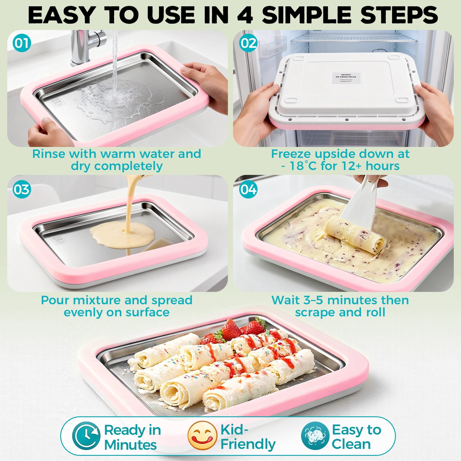 Rolled Ice Cream Maker with Quick Start Guide - DIY Instant Ice Cream Tray Kit, 2 Scrapers for Manual Homemade Ice Cream Rolls, Frozen Yogurt, Sorbets & Slushies, No Electricity Needed（pink）