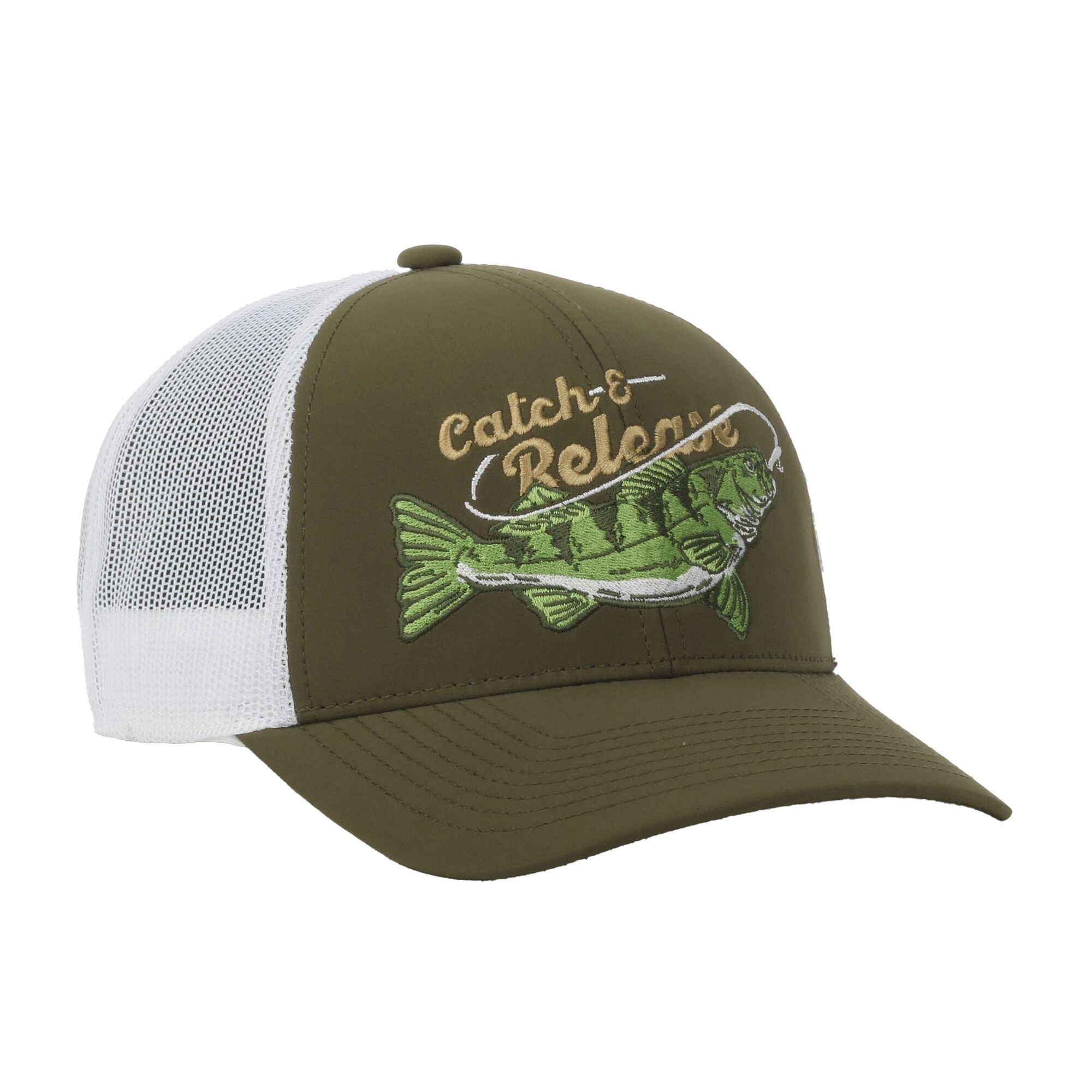 Olive/White Walleye 5-Panel Fishing Cap – Structured, Embroidered, Snapback, One Size