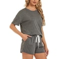 thumbnail image 3 of ZANKLEY Womens 2 Piece Short Sleeve Pajama Set with Pocketed Drawstring Shorts Soft Casual Loungewear for Summer Sleep and Lounge, 3 of 9