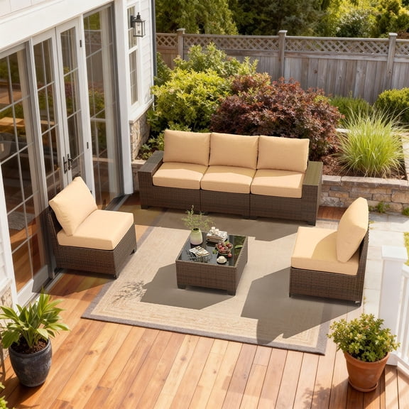 LazySunsets 6 Pieces Outdoor Wicker Patio Furniture Set, Khaki Cushion Rattan Sectional Conversation Sofa with Glass Coffee Table, All Weather Backyard Garden Patio Set