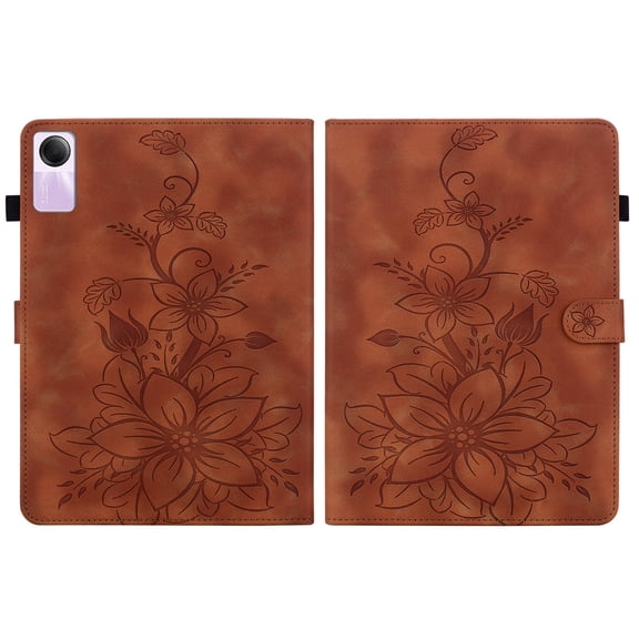 FJLBDE Case for Xiaomi Redmi Pad SE 11.0 inch Released 2023, Embossed Flower PU Leather Flip Wallet Folio Stand Cover, Brown