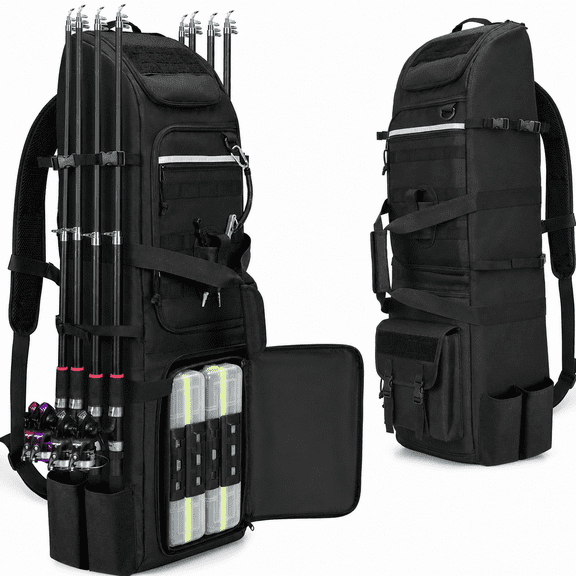 Large Fishing Tackle Backpack with 8 Rod Holders and MOLLE Design