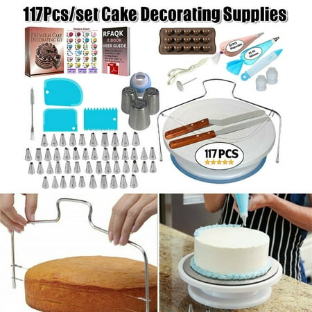 

HXAZGSJA 117Pcs/set Cake Decorating Supplies 1 Turntable 48 Icing Tips Straight and Angled Spatula 1 Cake Leveler Baking Tools
