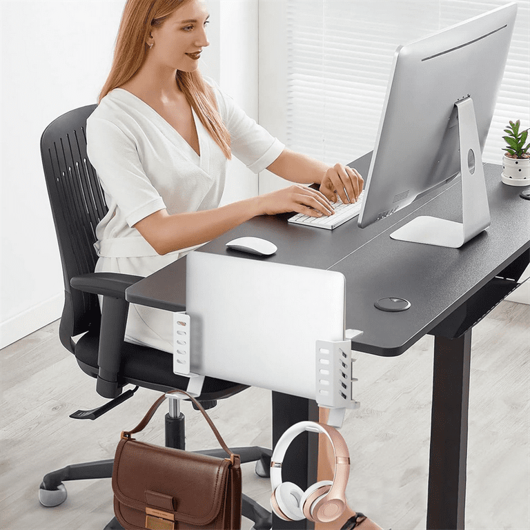 Desk Side Vertical Laptop Stand No Drill Laptop Desktop Mount Hanging Laptop Holder for Desk Side Clamp on Desk White