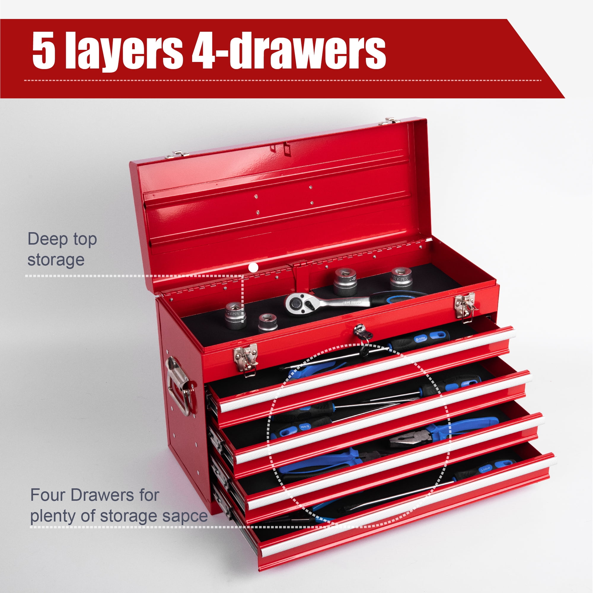 Aukfa Tool Box, 21 in Steel 4-Drawer Toolbox with Automatic Lock System for Garage, Red