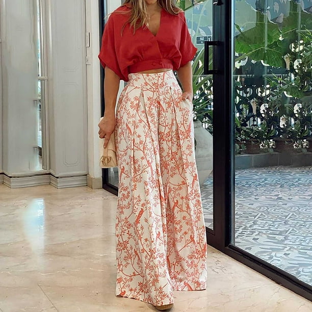 Women Summer High Waisted Palazzo Pants Floral Print Wide Leg Lounge  Trousers Casual Flowy Beach Pants with Pockets 