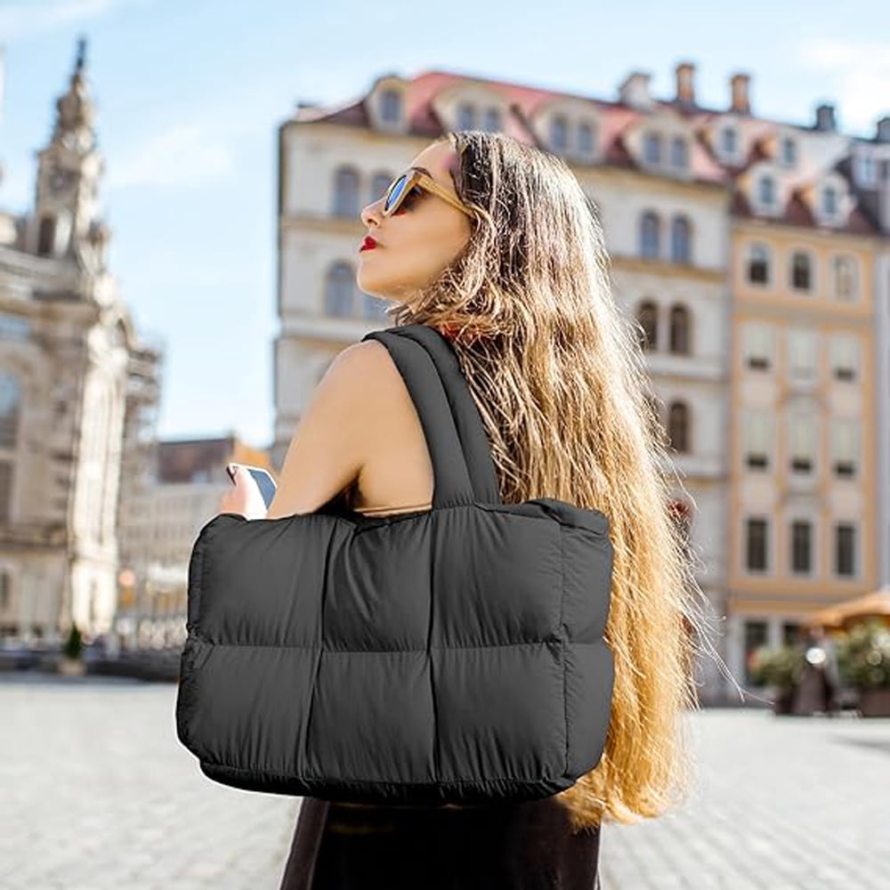 Puffer Tote Bag for Women, Large Quilted Puffy Handbag Lightweight Satchel Purse for Work Travel Gym Shop
