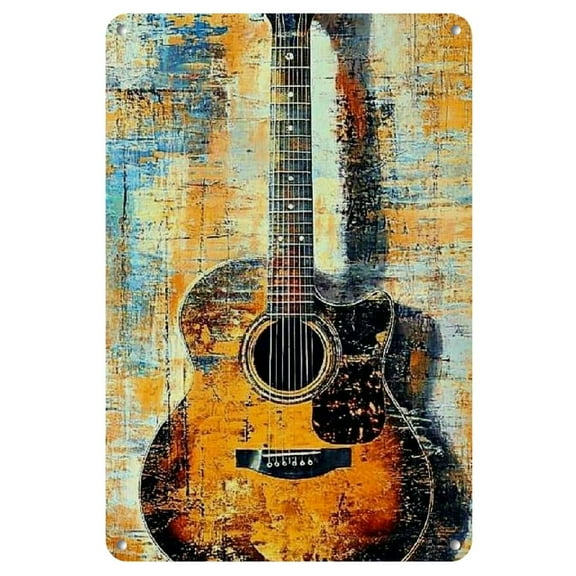 Vintage Acoustic Guitar Wall Art Retro Metal Sign for Home, Bar, Club, Cafe Decor