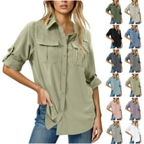 Horkkom Button Down Shirts for Women Long Sleeve Solid Color Hiking Shirts Fall Casual Work Tops with Pockets L