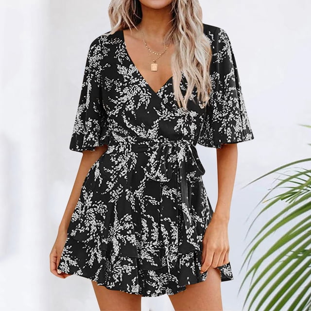 WILLBEST Robes et Combinaisons à Manches en V à Fleurs pour Femmes avec Ceinture Plissée