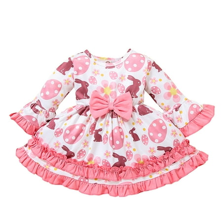 

Musuos Toddler Baby Girl Long Sleeve Dress Rabbit Flower Printed Bow-Knot Ruffles Decor Dress Casual Sweet One-Piece Clothes