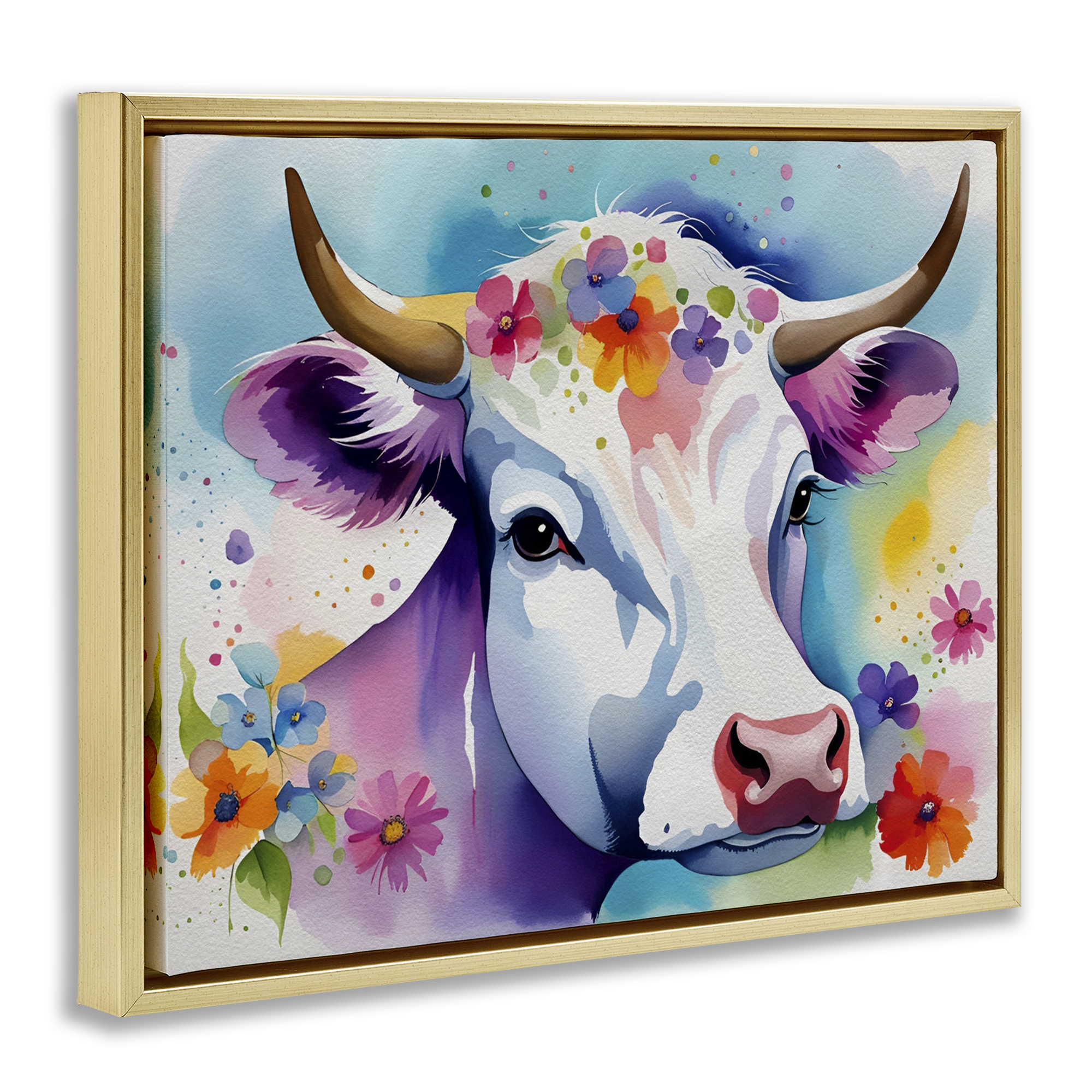 Stupell Industries Flower Speckled Cow Animals & Insects Painting Gold Floater Framed Canvas Art Print Wall Art, 21 x 17