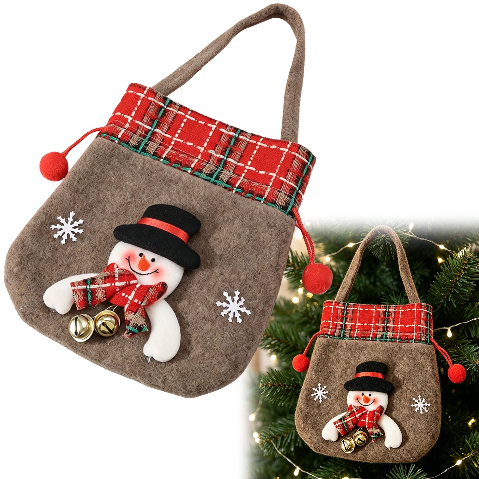 Christmas Gift Bag Xmas Candy Treat Pouch Christmas Character Handbag Drawstring Gift Sack Plaid Gift Holder Present Bag for Cookie Candy Small Gift Storage Christmas Party Favors