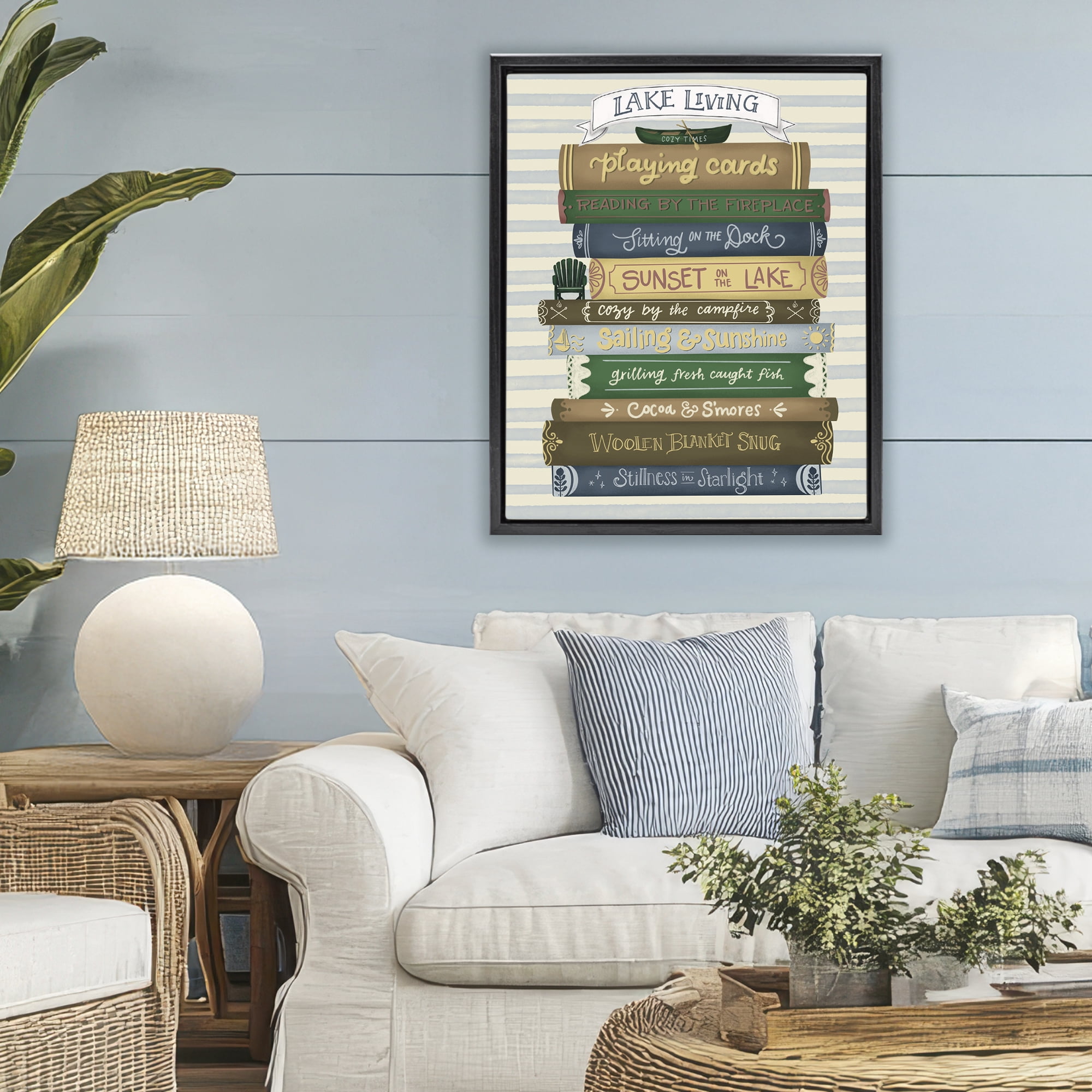 Stupell Industries Lake Living Book Stack Black Framed Floater Canvas Wall Art, design by Giao Williams