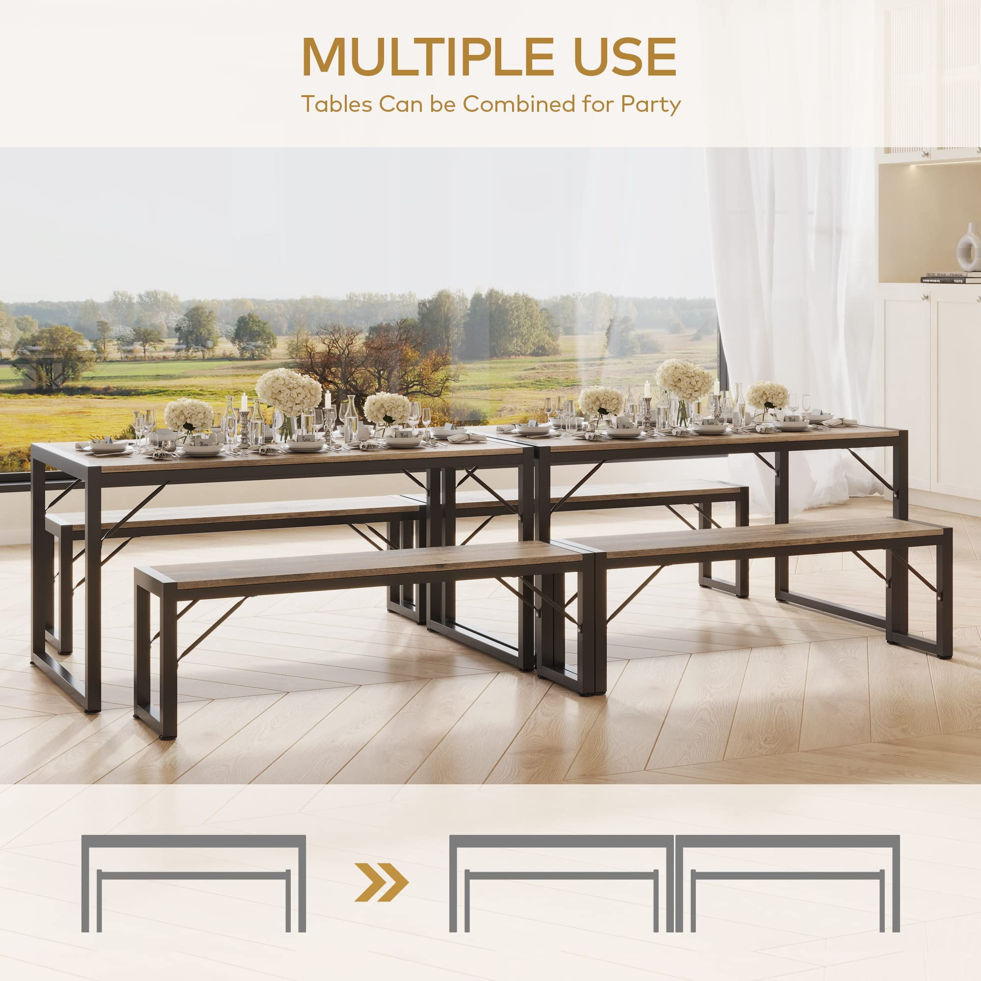 Lofka 3-Piece Modern Kitchen Dining Table Set for 4 with 1 Table & 2 Benches, Gray