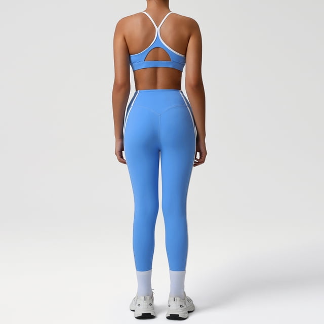 PISONIC Womens Workout Set Two Pieces Spaghetti Straps Color Block Sports Bra Matching High Waist Leggings Gym Work Out Outfits
