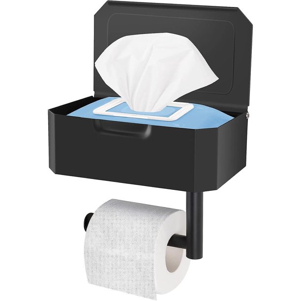 Portarrollos de papel higiénico (con o sin taladro) Portarrollos de papel higiénico con caja para pañuelos húmedos y estantes espaciosos de 20,6 cm, Portarrollos de papel higiénico de pared para